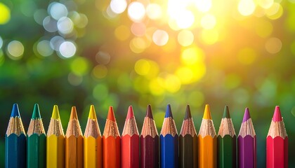 A vivid row of colorful pencils stands before a blurred green and yellow bokeh background, bathed in soft light