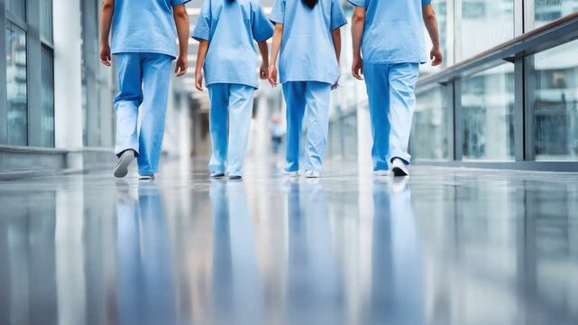 Medical Team's Journey: A dedicated medical team strides confidently through a modern corridor, symbolizing healthcare unity and commitment.