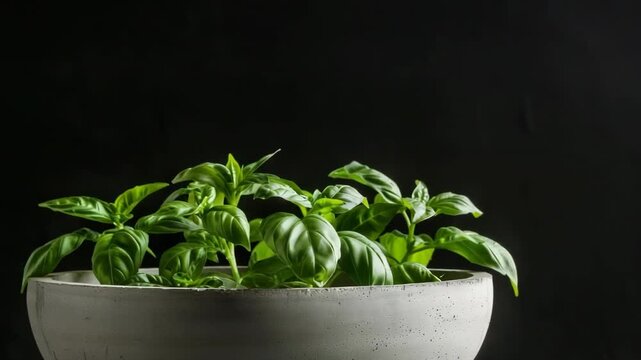 Timelapse of basil plant growth in concrete pot against dark background