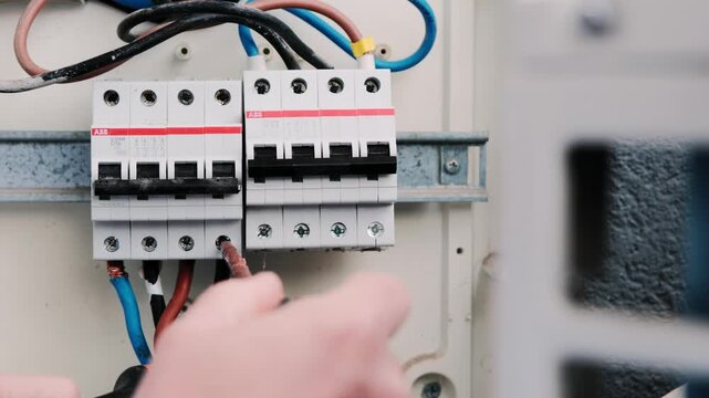 Electrician installs circuit breakers inside an electrical panel, working with wiring and tools. Professional electrical maintenance, power distribution and safety system installation.