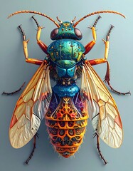 A vividly colored, intricate insect with detailed wings, posed against a muted blue background
