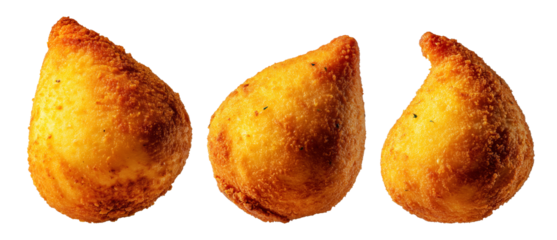 Fried Brazilian coxinhas cone snack filled shredded chicken cheese with golden crispy texture isolated on white background