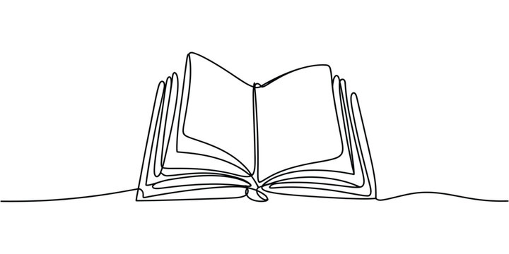 Opened Book with Flying Page One Line Drawing, continuous vector illustration, magical reading concept, stars, education, learning, knowledge symbol, minimalist line art design.