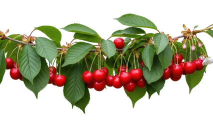 Obraz premium Isolated cherry tree branch with fruit and leaves, summer harvest in the orchard