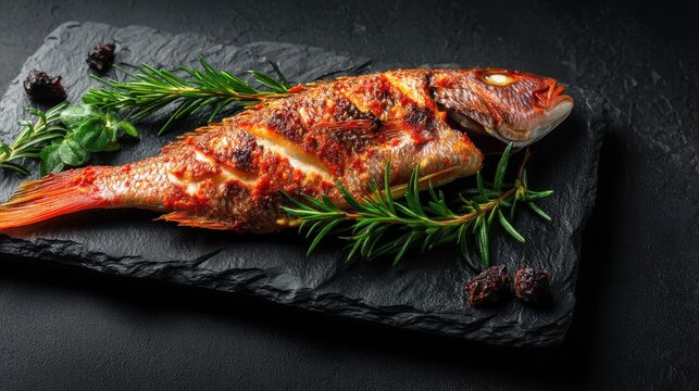 Grilled red snapper with rosemary on slate stone platter.