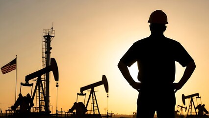 Oil worker standing in front of pump jacks at sunset