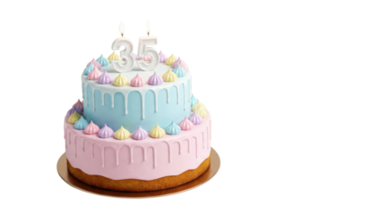Two-Tier Pastel Pink and Blue Birthday Cake with Number 35 Candles