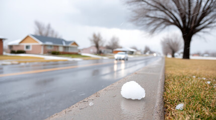 Icy hail on street makes one feel gloomy and cold
