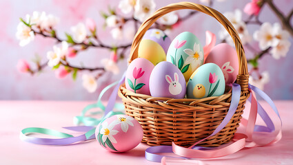 Easter eggs decorated with flowers and bunnies nestled in a woven basket surrounded by blooming cherry blossoms and colorful ribbons transparent background