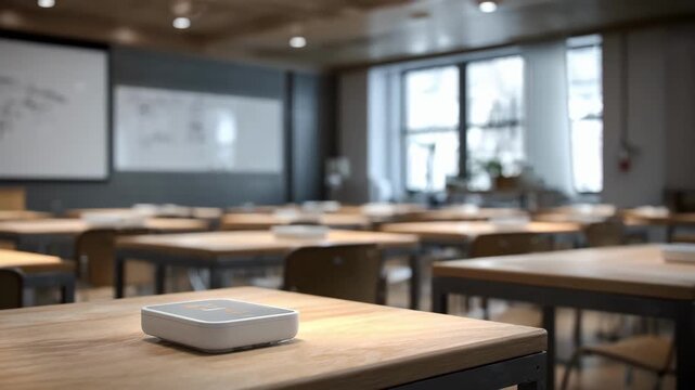 Medium shot of a classroom environment where smart lighting adjusts dynamically featuring focused sensor devices and softly blurred desks and whiteboards.