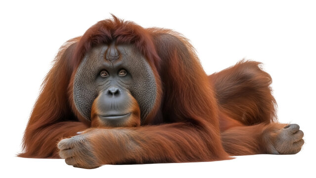 Isolated Orangutan resting quietly in a relaxed pose, an endangered species in natural setting