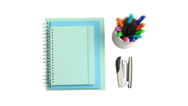 Isolated Desk organizer with stapler, notebooks, and color pens for study or work, no back