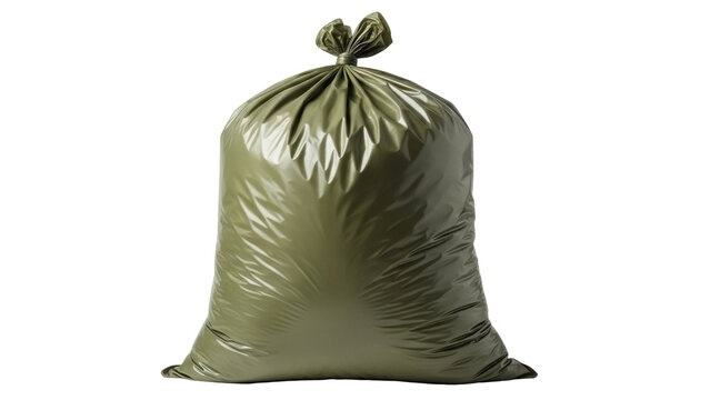 Isolated olive green plastic garbage bag tied and full, ready to be carried out for disposal