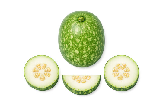Whole and sliced ash gourd with visible seeds and white flesh on a black background