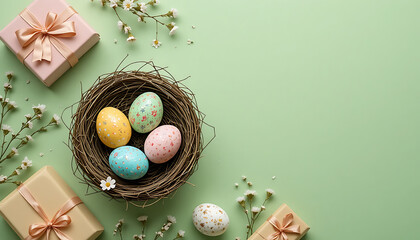 Easter eggs nestled in a rustic nest surrounded by delicate flowers and gift boxes perfect for spring celebrations transparent background