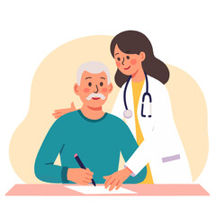 Fototapeta premium Doctor assisting elderly man while he writes on paper 