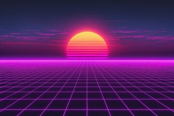 Retro futuristic 80s synthwave sunset landscape with neon grid background