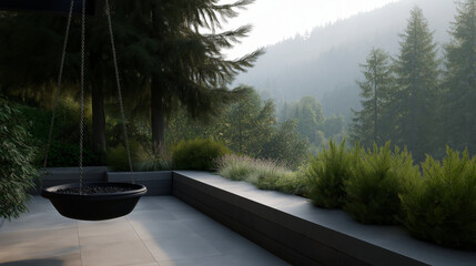 Naklejka premium Modern outdoor patio with hanging fire pit overlooking misty forest landscape