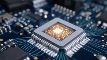 Close-up view of optical sensor on PCB with flex ribbon cables, transparent microchip revealing internal orange die, intricate solder points and circuit traces visible, dramatic da