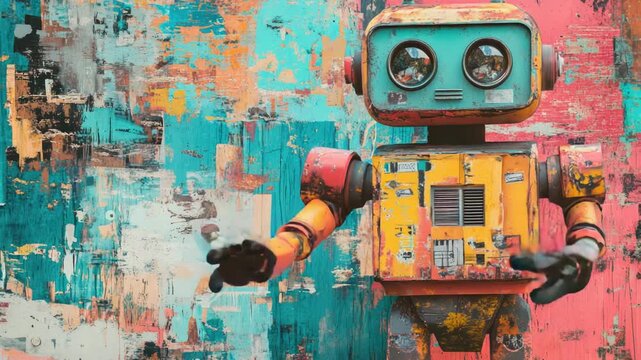 Video A small robot stands in front of a vibrant, colorful wall with geometric patterns and shapes
