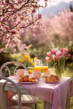 Spring brunch table for two with croissants and tulips, cherry trees blooming in background. Morning sunlight adds warmth to this outdoor setting.