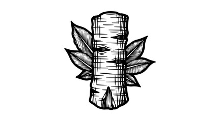 Stylized black and white illustration of a birch tree with textured bark and delicate leaves