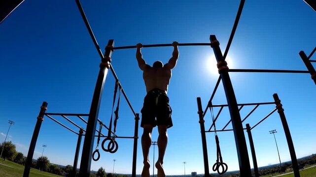 Man performing pullups on a bar in bright sunlight outdoors