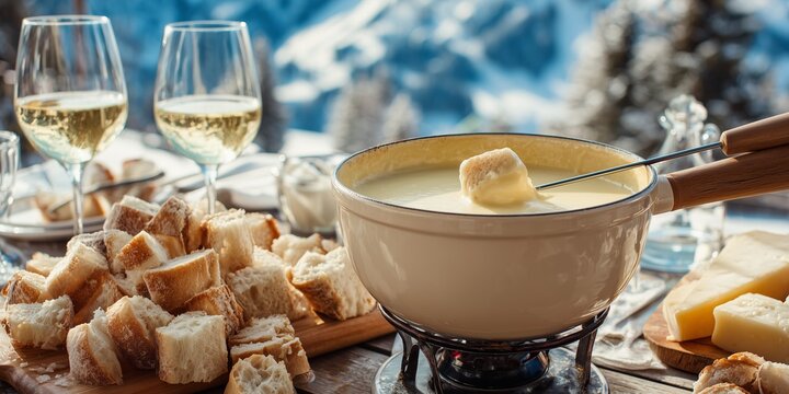 Pot of bubbling Swiss cheese fondue with skewered bread held above, paired with a glass of white wine on a wooden table. Behind, snow-covered Alps glow softly under pale daylight.