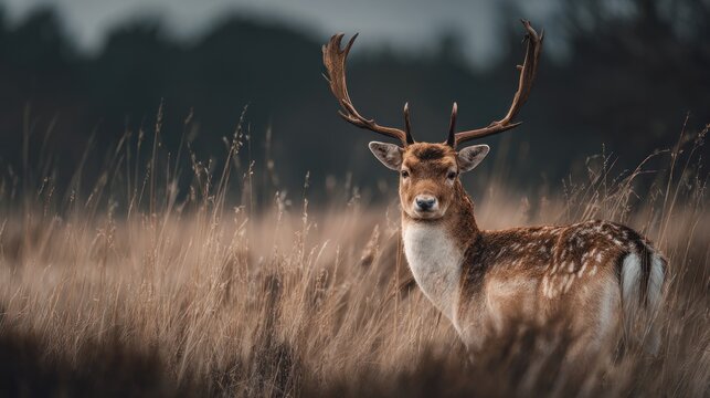 Majestic fallow deer with impressive antlers amidst golden meadow grass