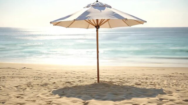 Beach parasol casting shade on sandy shore with sunlit sea background
