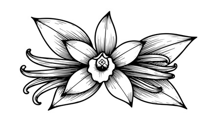 Obraz premium Black and white line art illustration of a vanilla orchid with delicate petals and tendrils