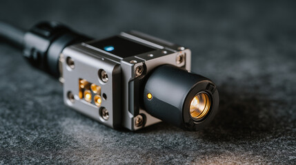 Close-up industrial automation proximity sensor, precision-engineered metallic components, LED status indicator glowing softly, contactless sensing aperture, shallow depth of field