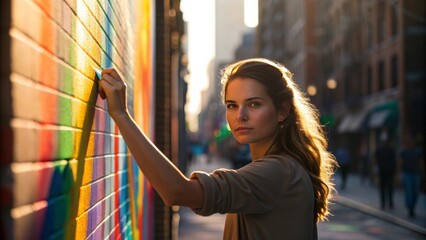 Female Artist Intensely Focused on Painting a Vibrant Wall in a Gigapixel Standard v2 4x View