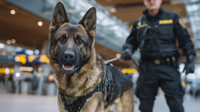Explosive detection dog on duty with handler in crowded transport hub, German Shepherd scanning luggage, handler in uniform holding leash, dramatic natural lighting highlighting fu