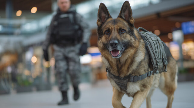 Explosive detection dog and handler working in transit terminal, dog alert, sniffing backpack on floor, handler in protective uniform, busy station background softly out of focus,