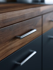 Modern kitchen drawers with natural wood countertop and sleek metal handles