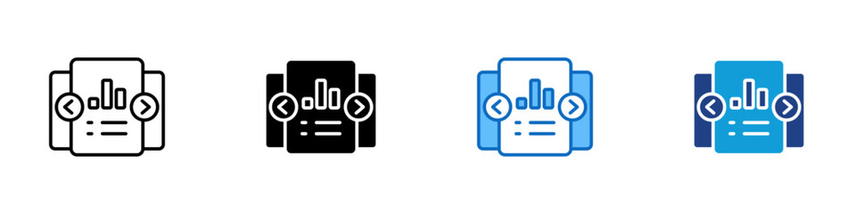 Presentation Multiple Style Icon Design Vector - Slide panel with charts and navigation arrows, representing presentation, information delivery, and data communication