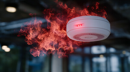 Macro close-up of smoke detector triggering interlinked fire alarms, red light flashing across ceiling units, thin smoke illuminated by ambient light, synchronized emergency respon