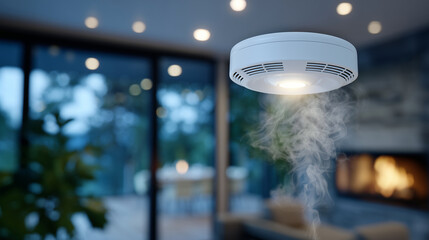 Emergency smoke detector triggering interlinked alarms, close-up on flashing device, other alarms glowing in background, smoke gently rising, residential home interior softly out o