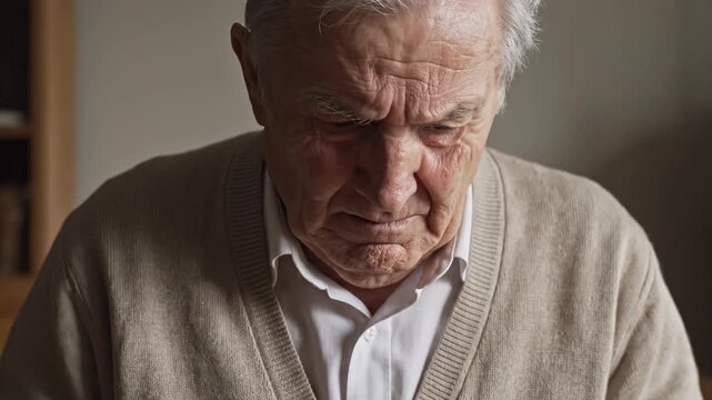 An elderly man dressed in a beige cardigan and white shirt is gazing into an empty wallet with a heavy sigh, financial hardship and emotional strain.