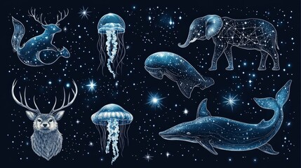 Star animals merge with space to create magic — a unique backdrop for children's books or creative presentations.