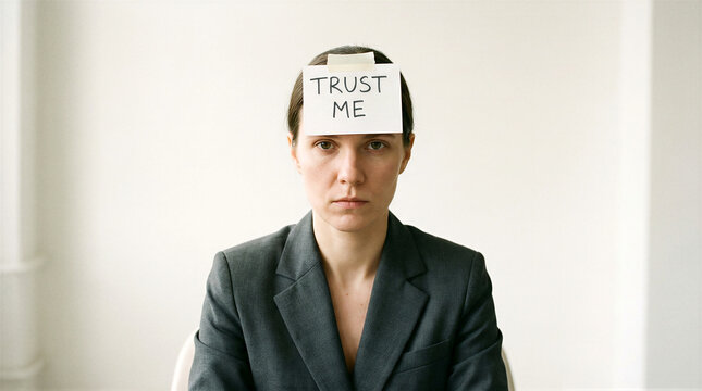 Woman wearing trust sign on forehead in business suit. Serious professional with ironic message. April fools day concept for humor and skepticism in workplace