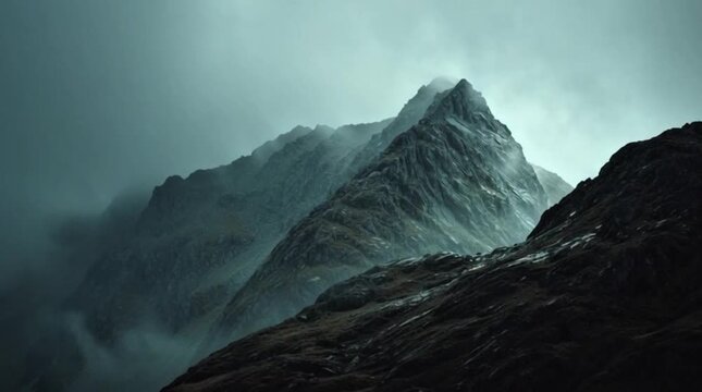 Dark Jagged Mountain Peaks Covered in Fog and Mist Under Cloudy Sky