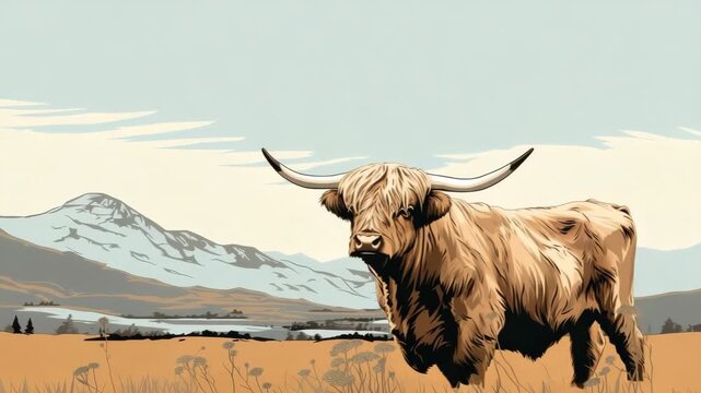 Majestic highland cow grazing in scenic mountain landscape at sunset