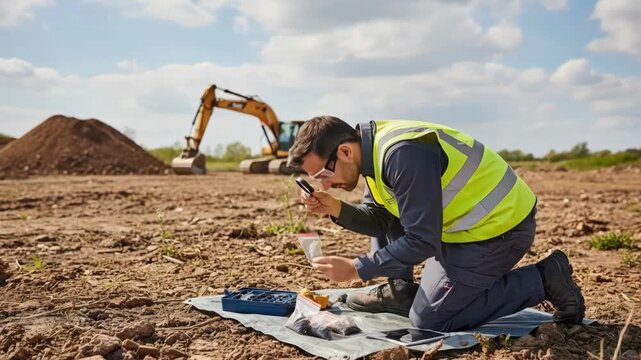 Medium shot of an expert analyzing soil samples onsite to assess contamination levels and guide remediation efforts on reclaimed land