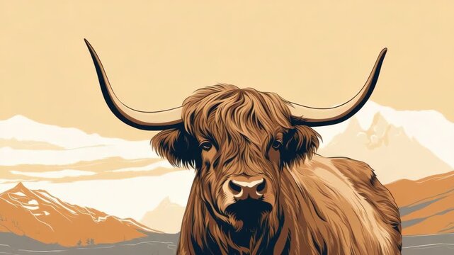 Majestic highland cow in serene mountain landscape panorama at sunrise