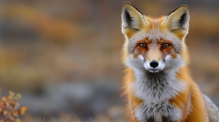 Obraz premium An adult red fox with a curious gaze against a natural backdrop will emphasise the naturalness and harmony of environmental projects.