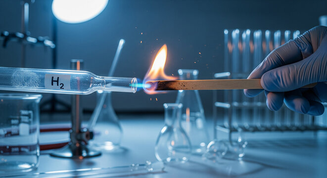 Ignition of Hydrogen Gas: A science experiment vividly illustrates the flammability of hydrogen, with a glowing flame emanating from a glass tube labeled H2.