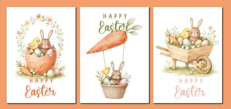 HAPPY EASTER SET OF WATERCOLOR GREETING CARDS WITH SPRING ANIMALS