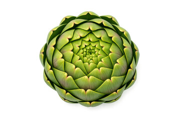 Obraz premium Close-up overhead view of a vibrant green artichoke with intricate layered petals against a black background